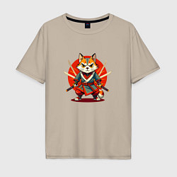 Мужская футболка оверсайз Рыжий кот самурай с мечами