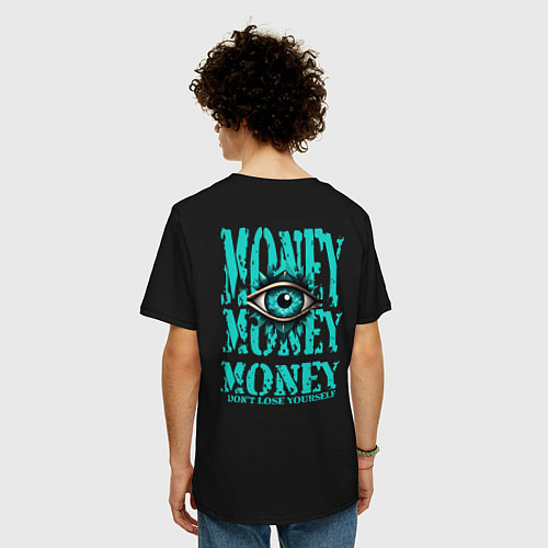 Мужская футболка оверсайз Розовый полигональный кролик с деньгами и глаз / Черный – фото 4