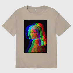 Футболка оверсайз мужская Девушка с жемчужной серёжкой с глюками, цвет: миндальный