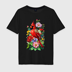 Мужская футболка оверсайз Птица красный кардинал среди цветов