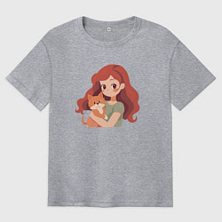 Футболка оверсайз мужская Девочка с рыжим котёнком, цвет: меланж