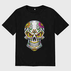 Футболка оверсайз мужская Череп в цветочках, цвет: черный