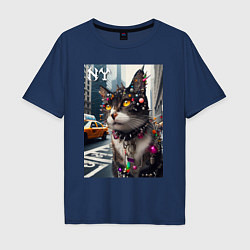 Футболка оверсайз мужская Пирсинг Нью-Йоркского кота - нейросеть, цвет: тёмно-синий