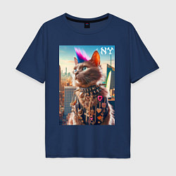 Футболка оверсайз мужская Funny cat punk from New York - ai art, цвет: тёмно-синий