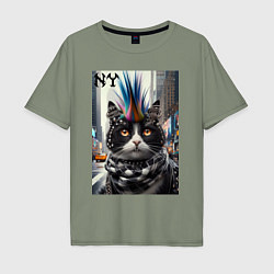 Мужская футболка оверсайз Кот панк с разноцветным хаером - Нью-Йорк