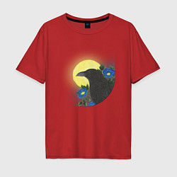 Футболка оверсайз мужская Чёрный ворон на ветке под луной, цвет: красный