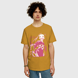 Футболка оверсайз мужская Клинок рассекающий демонов милая Незуко в розовом, цвет: горчичный — фото 2