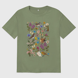 Футболка оверсайз мужская Птицы, бабочки, цветы, цвет: авокадо