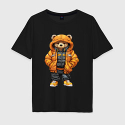 Футболка оверсайз мужская Медведь в тёплой куртке, цвет: черный