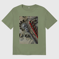 Футболка оверсайз мужская Трещотка ключ и чертеж, цвет: авокадо