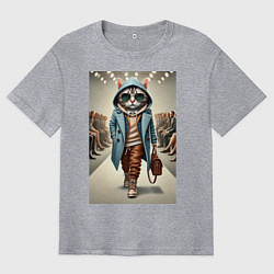 Футболка оверсайз мужская Модный кот в очках на дефиле животных, цвет: меланж