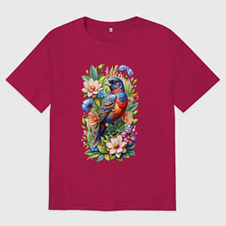 Футболка оверсайз мужская Расписной овсянковый кардинал среди цветов, цвет: маджента