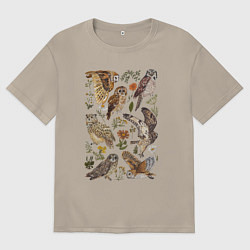Футболка оверсайз мужская Разные совы и цветы, цвет: миндальный