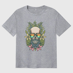 Футболка оверсайз мужская Бородатый череп хипстер в цветах, цвет: меланж