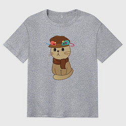 Футболка оверсайз мужская Милый котик в кепке и с шарфиком - художник, цвет: меланж