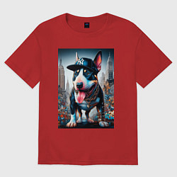 Футболка оверсайз мужская Funny bull terrier in New York - ai art, цвет: красный