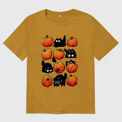 Футболка оверсайз мужская Котики и тыквы, цвет: горчичный