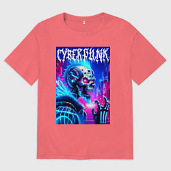 Футболка оверсайз мужская Neon punk skeleton - ai art fantasy, цвет: коралловый