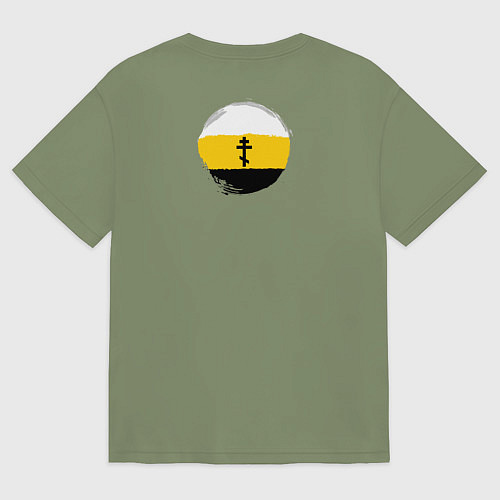 Мужская футболка оверсайз Мы русские с нами Бог Крест черный на узорном флаг / Авокадо – фото 2