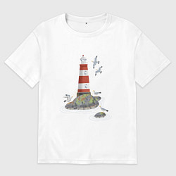 Футболка оверсайз мужская Маяк и чайки на берегу моря, цвет: белый