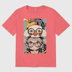 Футболка оверсайз мужская Клоун с девочкой арт, цвет: коралловый