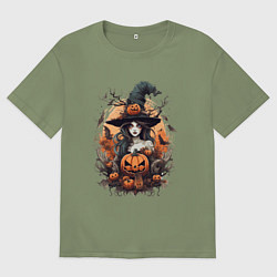 Футболка оверсайз мужская Колдунья с тыквами, цвет: авокадо