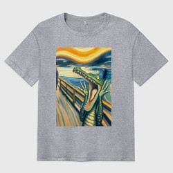 Футболка оверсайз мужская Крокодил кричит на картине Эдварда Мунка - мем иск, цвет: меланж