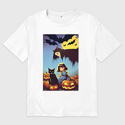 Футболка оверсайз мужская Ведьма зависла над девочкой и котом, цвет: белый