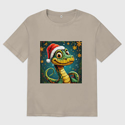 Футболка оверсайз мужская Новогодняя змейка в красной шапке, цвет: миндальный