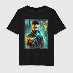 Футболка оверсайз мужская Harry Potter with a magic wand - ai art fantasy, цвет: черный