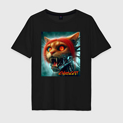 Футболка оверсайз мужская Super cyber red cat - ai art fantasy, цвет: черный