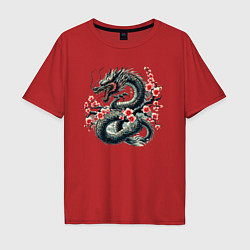 Футболка оверсайз мужская Japanese dragon and sakura - irezumi, цвет: красный