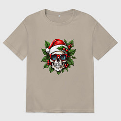 Футболка оверсайз мужская Рождественский венок с черепом, цвет: миндальный