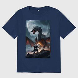 Футболка оверсайз мужская Сражение рыцаря с драконом в стиле Demons Souls, цвет: тёмно-синий