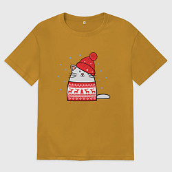 Футболка оверсайз мужская Кот в свитере с оленями и красной шапке, цвет: горчичный