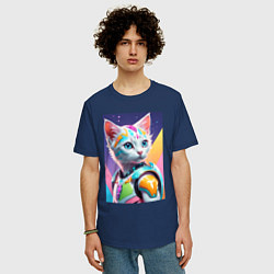 Футболка оверсайз мужская Котик в стиле киберпанк, цвет: тёмно-синий — фото 2
