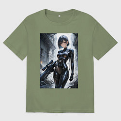 Футболка оверсайз мужская Девушка в кожаном костюме со снайперской винтовкой, цвет: авокадо