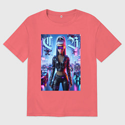 Футболка оверсайз мужская Cyber girl Barbie - neon glow, цвет: коралловый