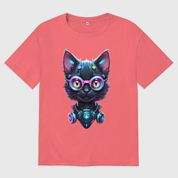 Футболка оверсайз мужская Прикольный котёнок - киберпанк, цвет: коралловый