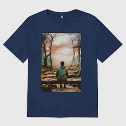 Футболка оверсайз мужская Мальчик на скамейке, цвет: тёмно-синий