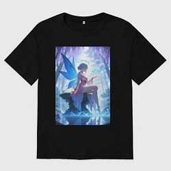 Футболка оверсайз мужская Прекрасная фея посреди лесного пруда, цвет: черный