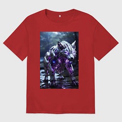 Футболка оверсайз мужская Киборг лиса с неоновой подсветкой, цвет: красный