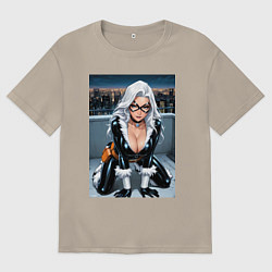 Футболка оверсайз мужская Черная кошка на крыше небоскреба, цвет: миндальный