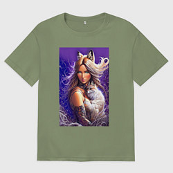 Футболка оверсайз мужская Девушка-лиса с лисёнком нейроарт, цвет: авокадо