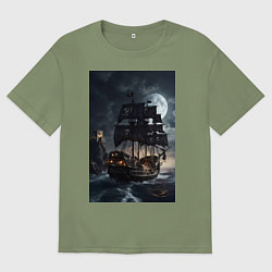 Футболка оверсайз мужская Пиратский корабль в шторм, цвет: авокадо