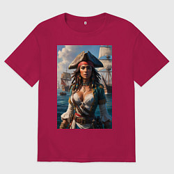 Футболка оверсайз мужская Пиратка на фона флотилии кораблей, цвет: маджента