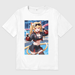 Футболка оверсайз мужская Burnice White с кошачьими ушками в позе кошки, цвет: белый