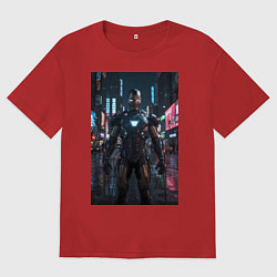 Футболка оверсайз мужская Железный человек посреди ночного города, цвет: красный