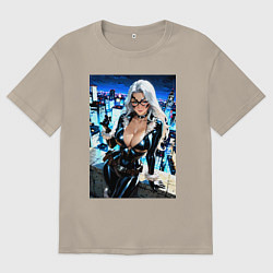 Футболка оверсайз мужская Черная кошка с брилиантом на крыше здания, цвет: миндальный