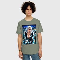 Футболка оверсайз мужская Черная кошка на крыше, цвет: авокадо — фото 2